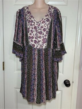 Style & Co Boho Floral Tiered Dress Size XL Floral Bohemian Bell Sleeve V Neck